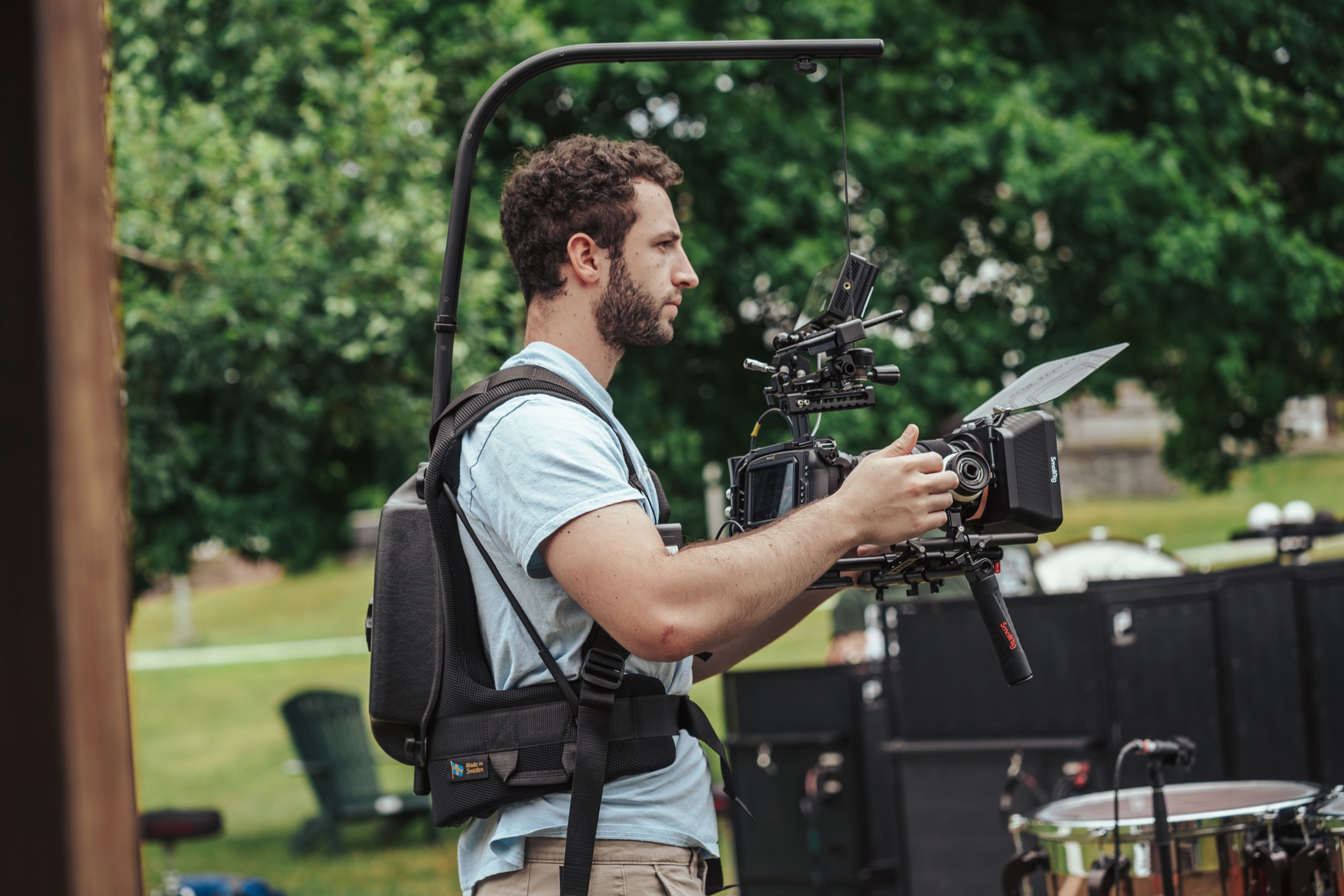 Joshua Weinfeld operating a camera rig during a production