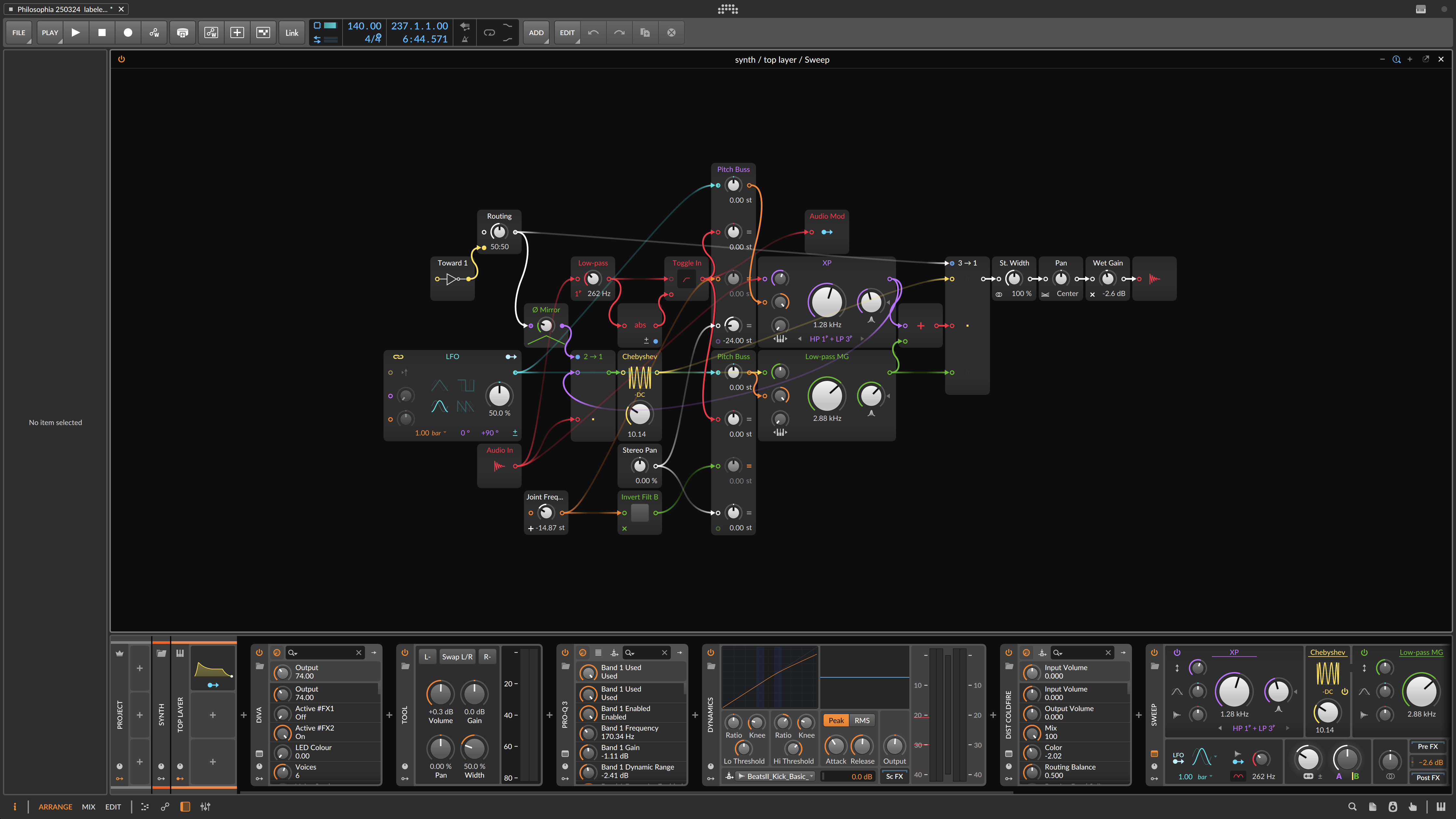 A modular music software patch used in Joshua Weinfeld's creative technology work